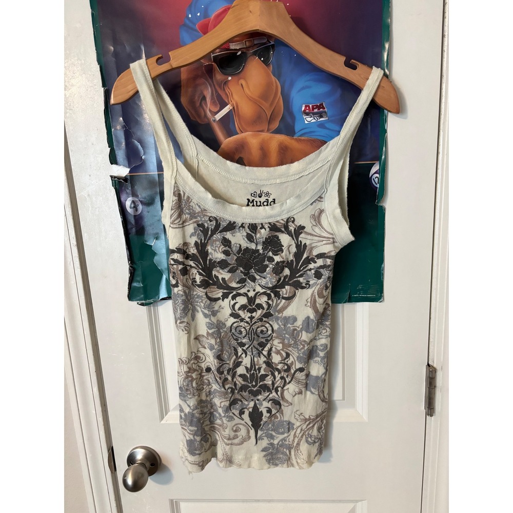 Mudd Vintage Y2K Ribbed Graphic Tank Top Off White Brown Floral Damask Large